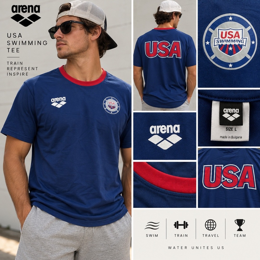 Arena USA Swimming Mens Large Navy Blue Ringer Olympic Team Shirt Short Sleeve